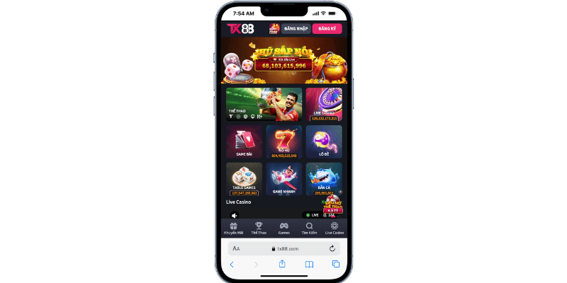 Giao diện ứng dụng di động TX88 được tối ưu mượt mà trên điện thoại.