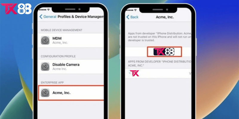Hướng dẫn các bước xác minh "Tin cậy" ứng dụng TX88 trong cài đặt của iPhone.
